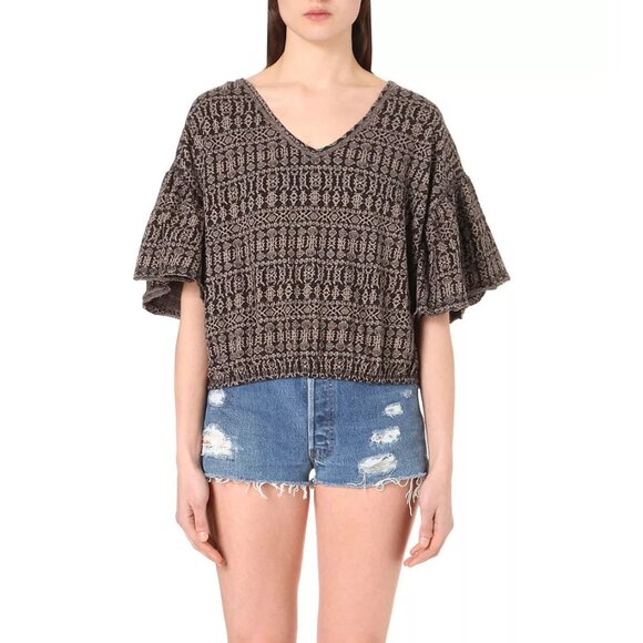 Free People Full Bloom Peasant Top Pullover in Black Flutter Boho Cotton L $98 - Picture 2 of 16